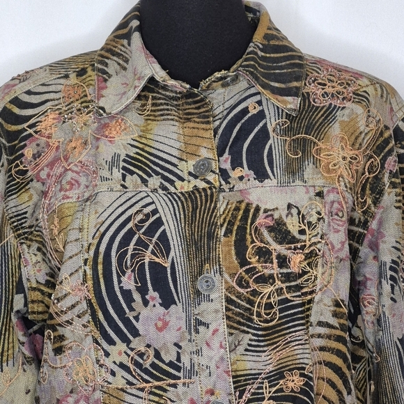 Chico's Embroidered Beaded Print Denim Lightweight Jacket - Size 2 (L/12-14) - Picture 5 of 12